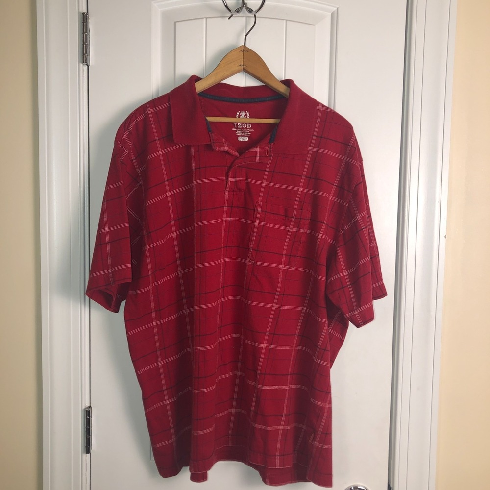 IZOD Mens Polo Shirt Red XXL Window Pane Plaid Preppy Casual Americana‎ Grandpa